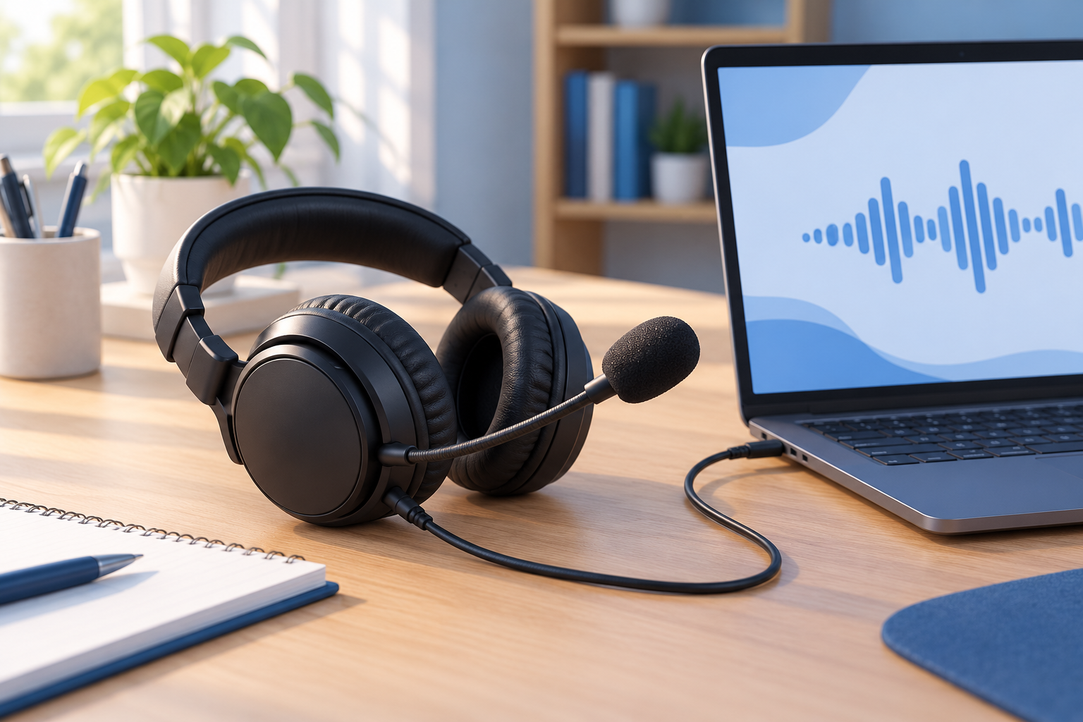 Ilustração de um headset com microfone ao lado de um notebook com uma onda de áudio na tela.