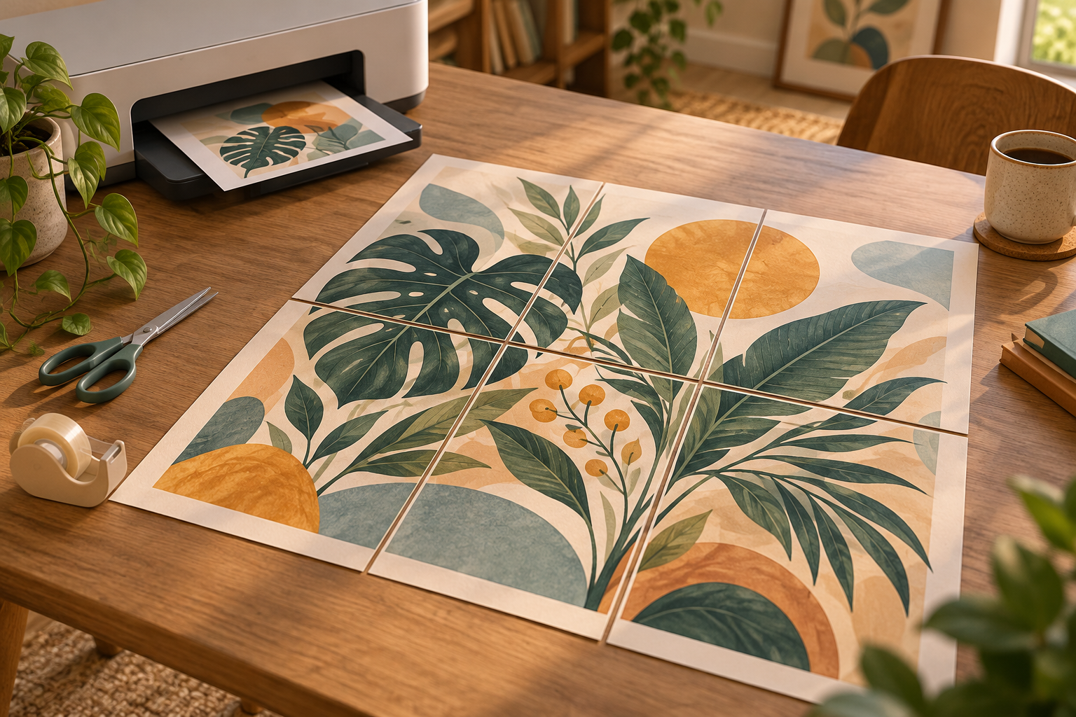 Pôster com folhas e formas coloridas montado em várias folhas A4 sobre uma mesa, ao lado de uma impressora.