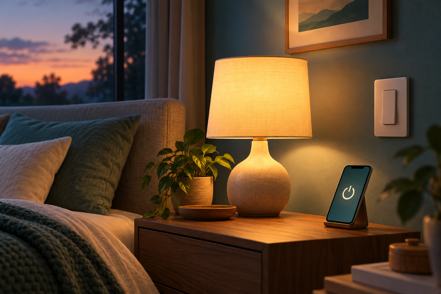 Abajur aceso sobre uma mesa lateral, com celular exibindo um símbolo de energia e interruptor na parede.