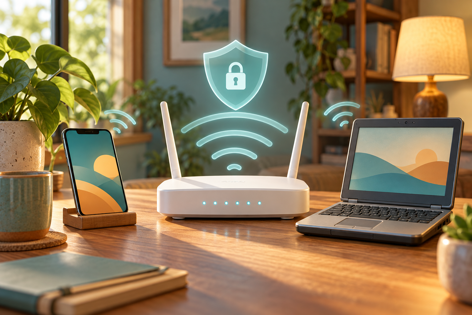 Roteador branco entre um celular e um notebook, com símbolos ilustrativos de Wi-Fi e um cadeado.