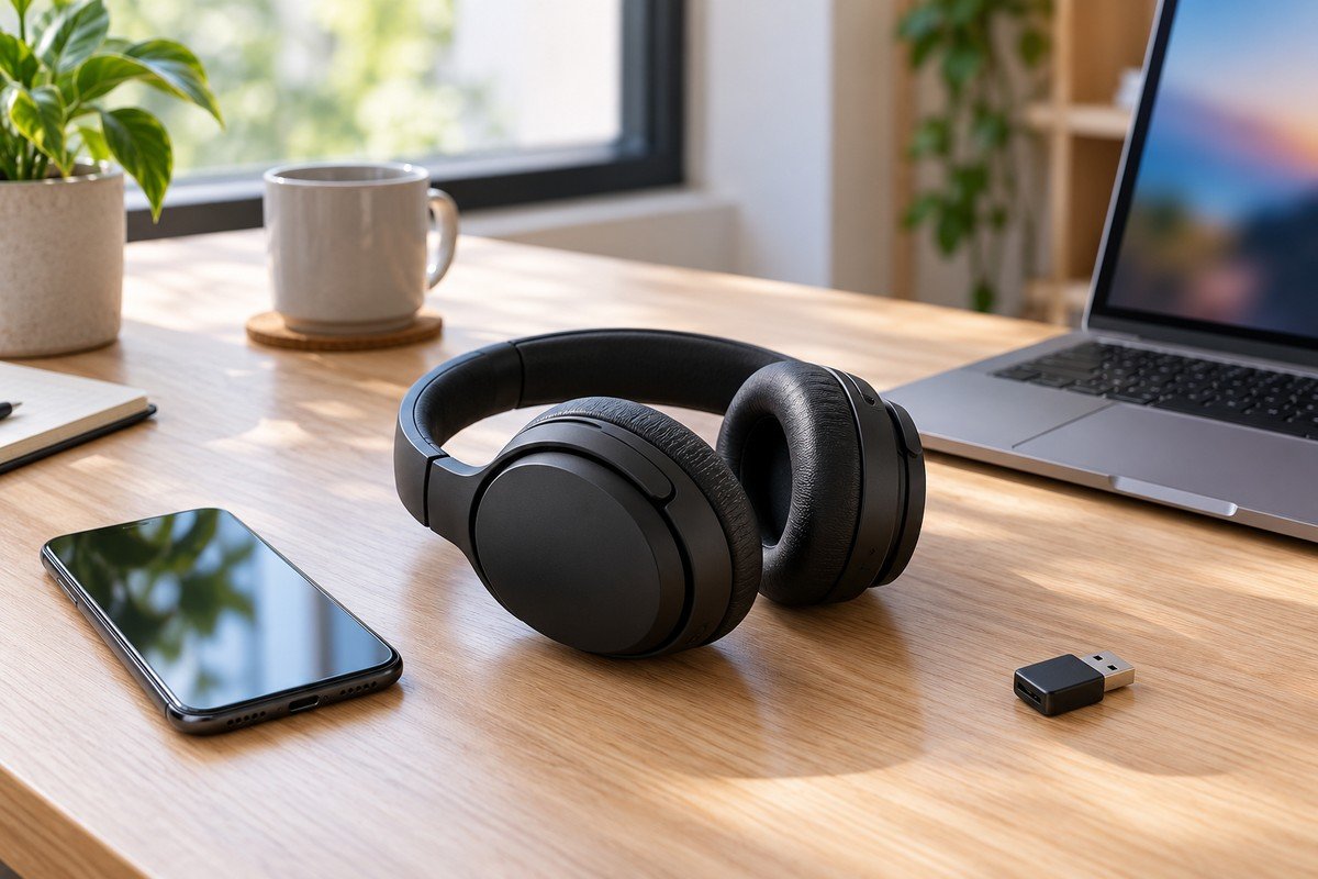 Fones Bluetooth ao lado de um computador, em imagem ilustrativa