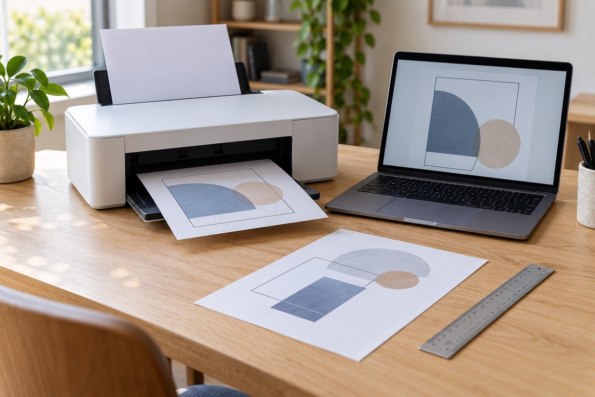 Impressora e notebook ao lado de folhas com figuras geométricas e uma régua sobre a mesa