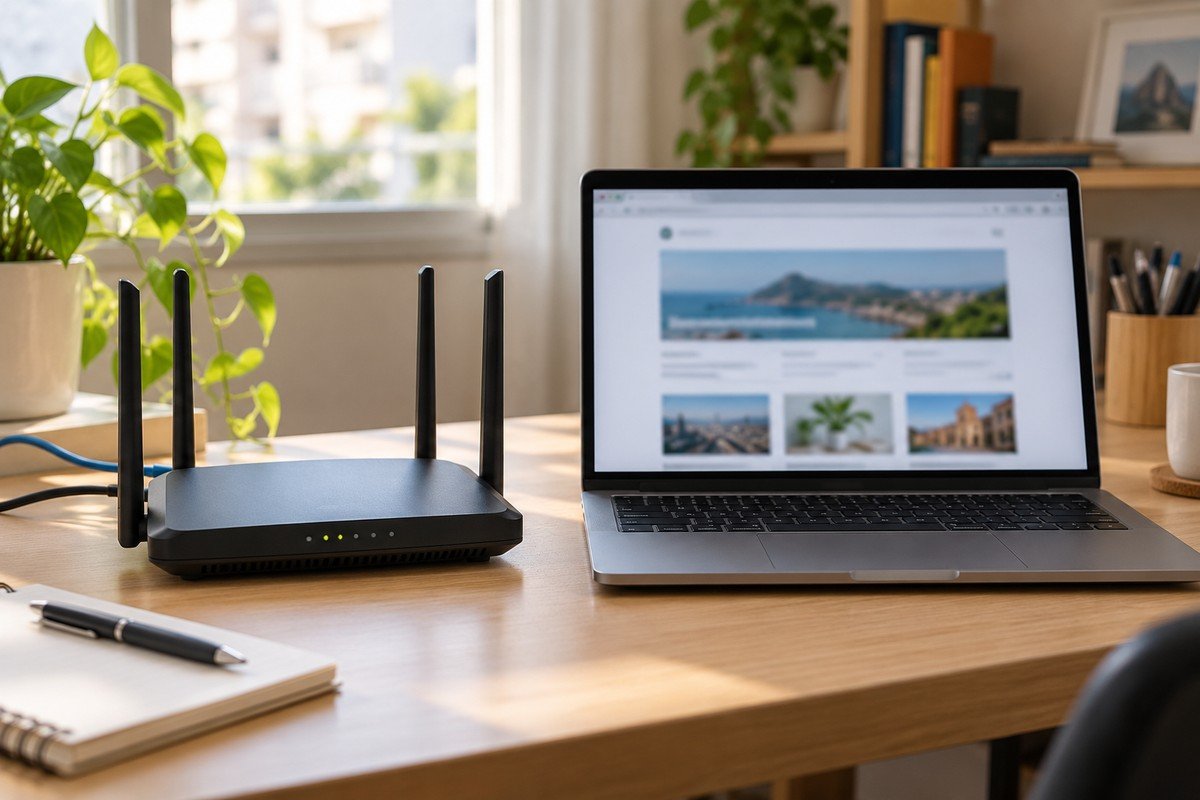 Roteador Wi-Fi ao lado de notebook sobre uma mesa de trabalho doméstica