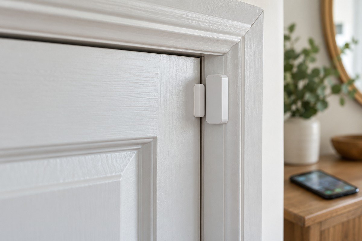 Sensor magnético de duas peças alinhado entre uma porta fechada e o batente
