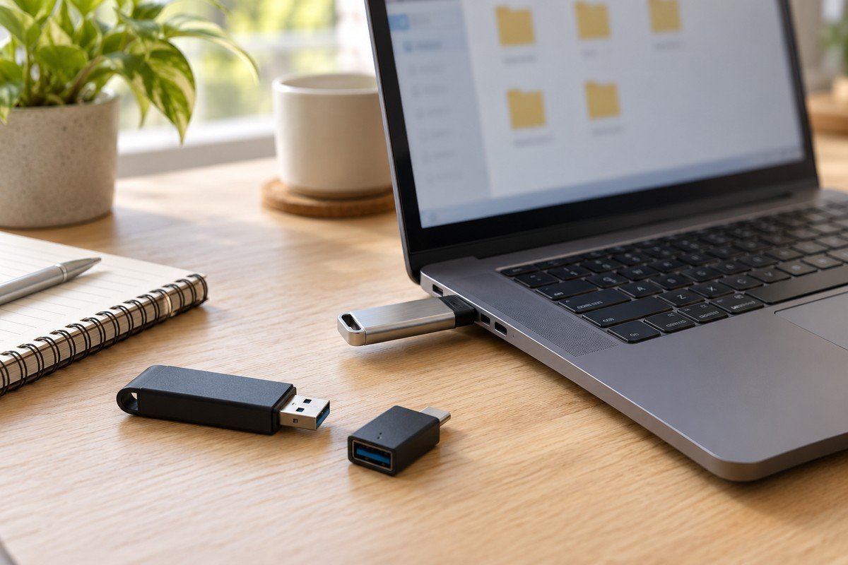 Pendrives USB ao lado de notebook em uma mesa de madeira
