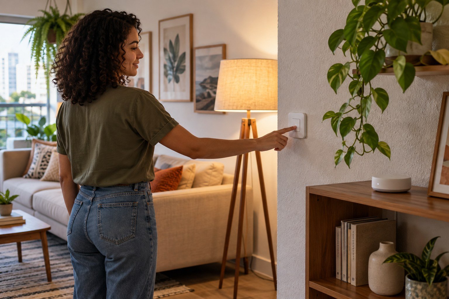Mulher acionando um botão de parede ao lado de uma luminária e um hub doméstico