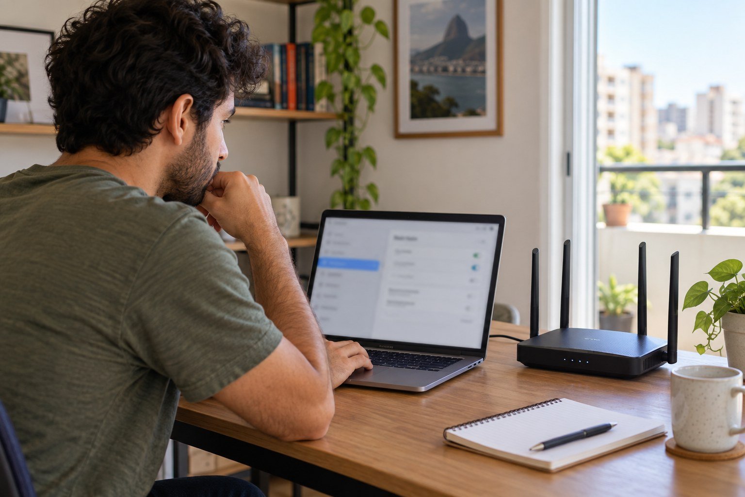 Pessoa conferindo configurações de rede em um notebook ao lado de um roteador