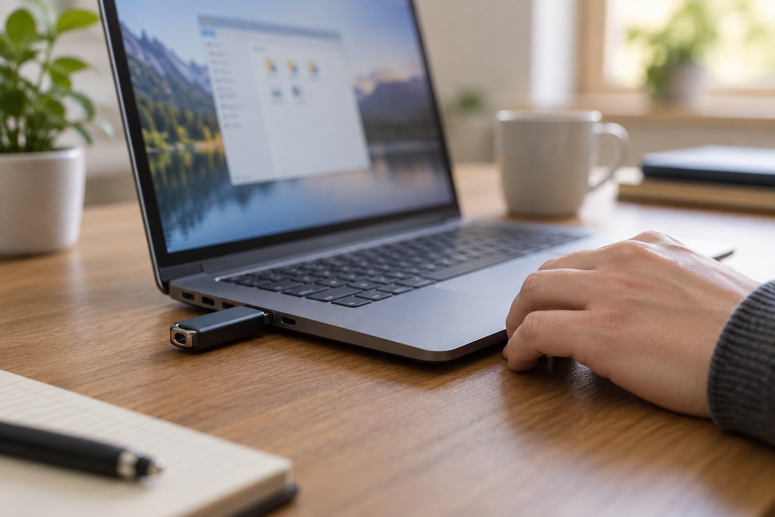 Pendrive conectado a um notebook enquanto uma pessoa aguarda ao lado da mesa