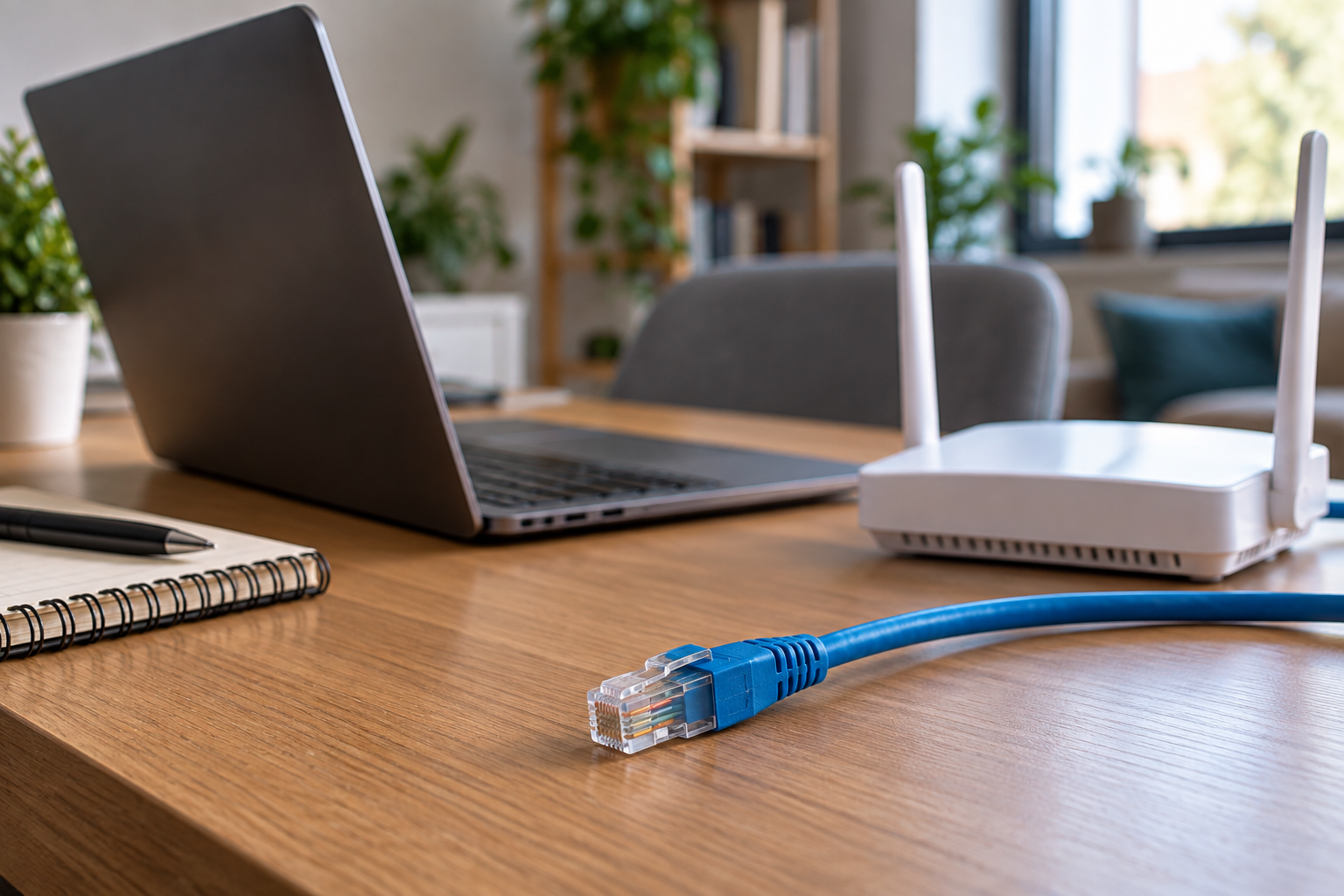 Cabo Ethernet azul com conector RJ45 ao lado de notebook e roteador