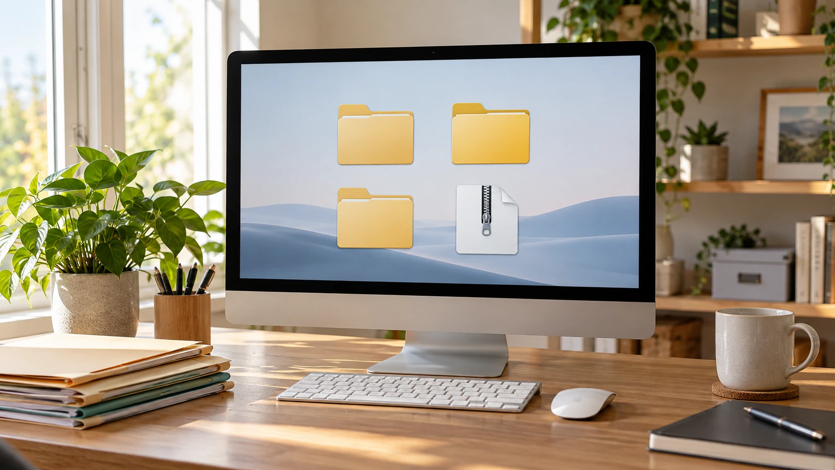 Monitor com ícones de pastas e arquivo compactado em uma mesa de trabalho.