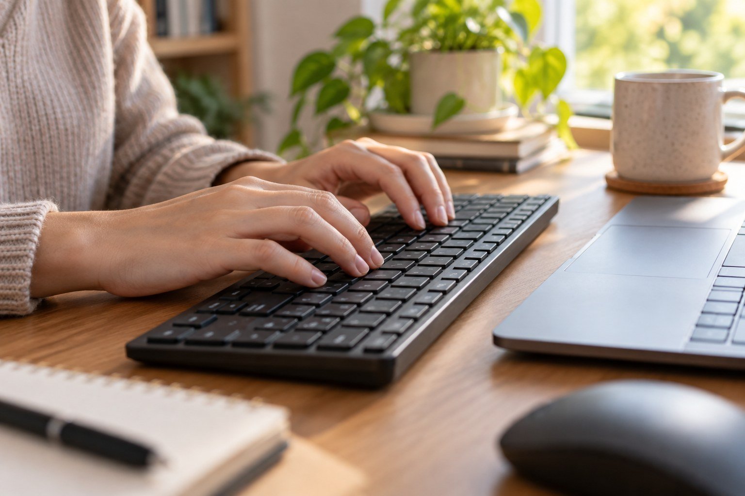 Mãos usando um teclado externo preto ao lado de um notebook