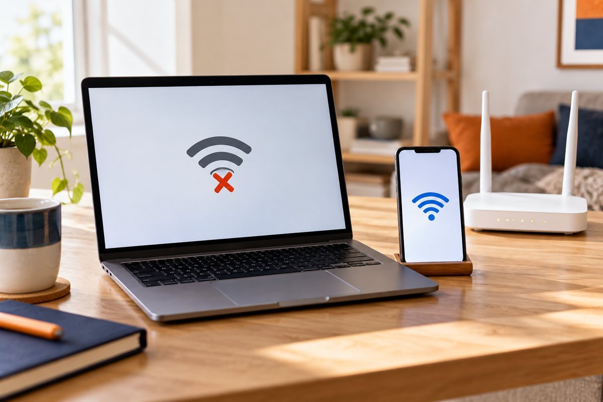 Notebook com símbolo de Wi-Fi desconectado ao lado de celular conectado e roteador doméstico