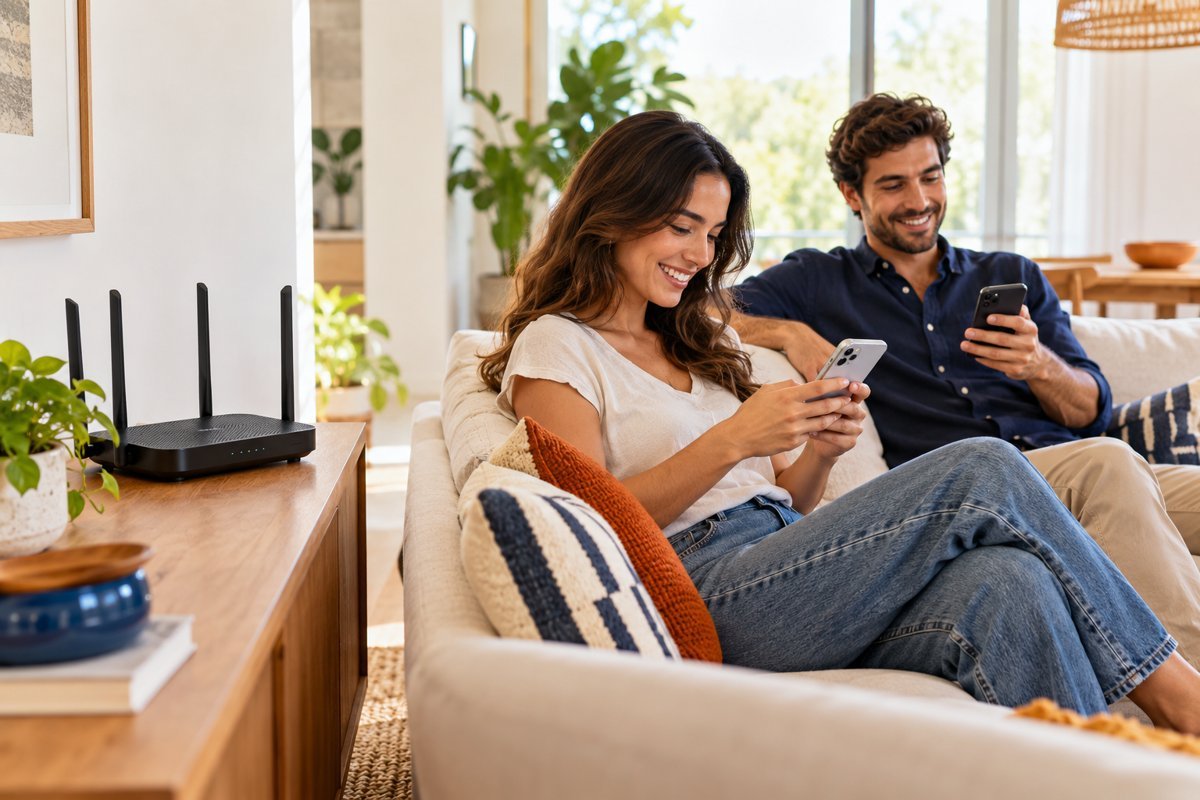 Visitantes usando celulares em uma sala com roteador Wi-Fi