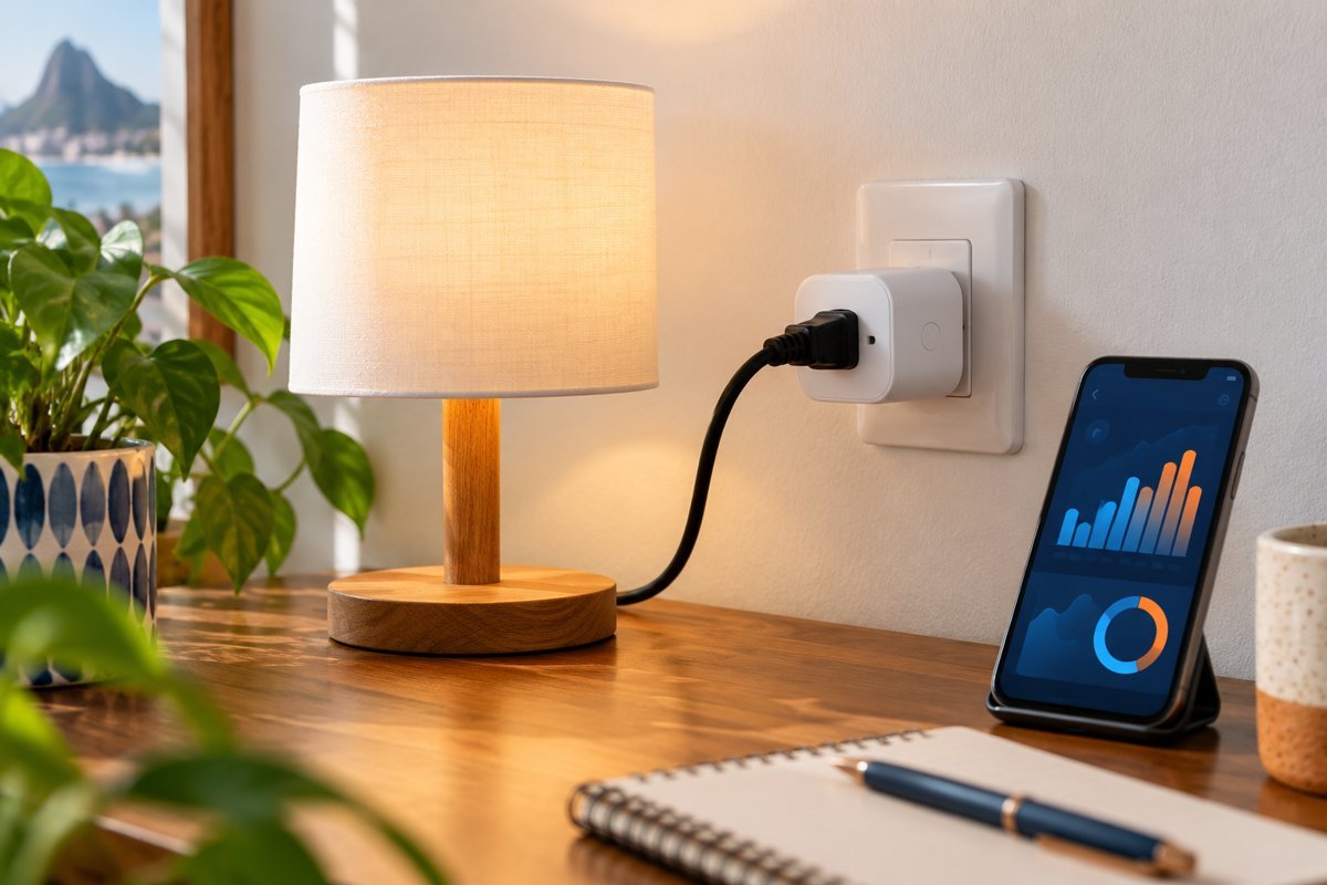 Tomada inteligente alimentando uma luminária e celular com gráfico ilustrativo de consumo