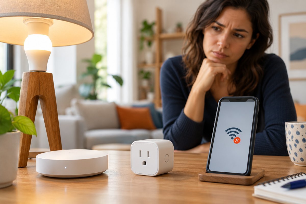 Luminária, central e tomada inteligente ao lado de celular indicando perda de conexão