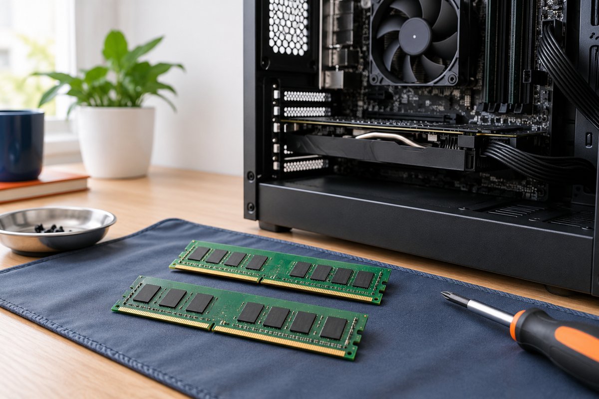 Módulos de memória RAM ao lado de um computador aberto e desligado