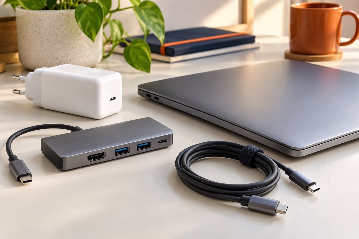 Cabo USB-C, hub e carregador organizados ao lado de um notebook