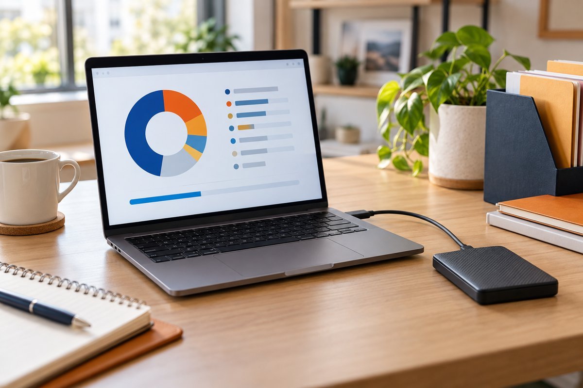 Notebook com gráfico ilustrativo de armazenamento e SSD externo