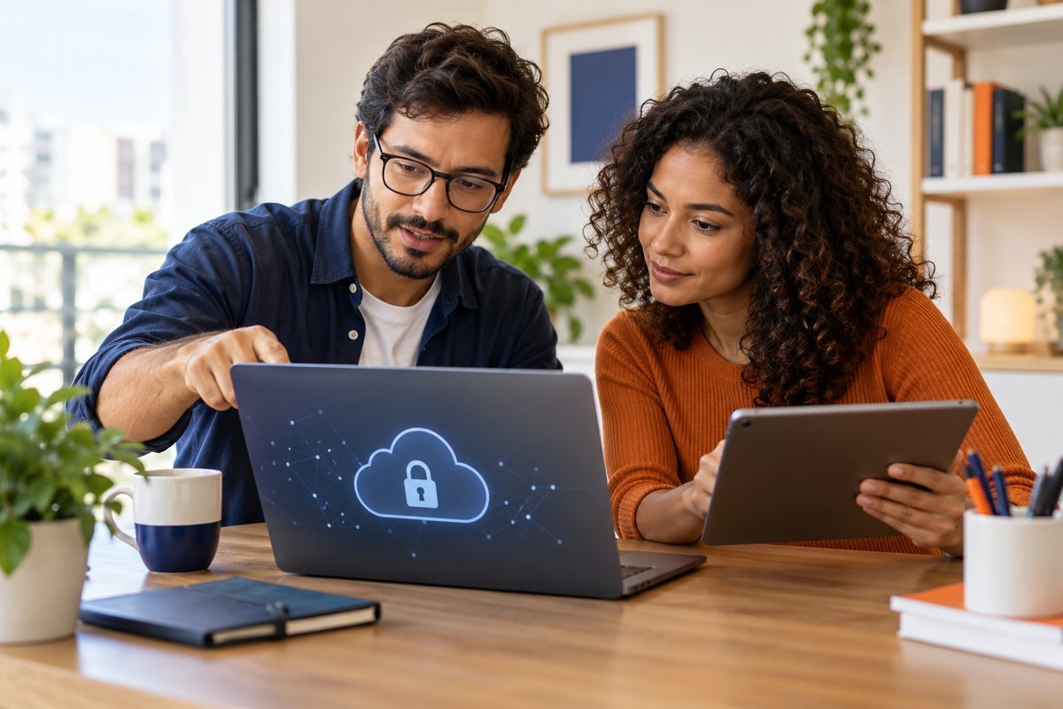 Duas pessoas compartilhando arquivos com notebook e tablet
