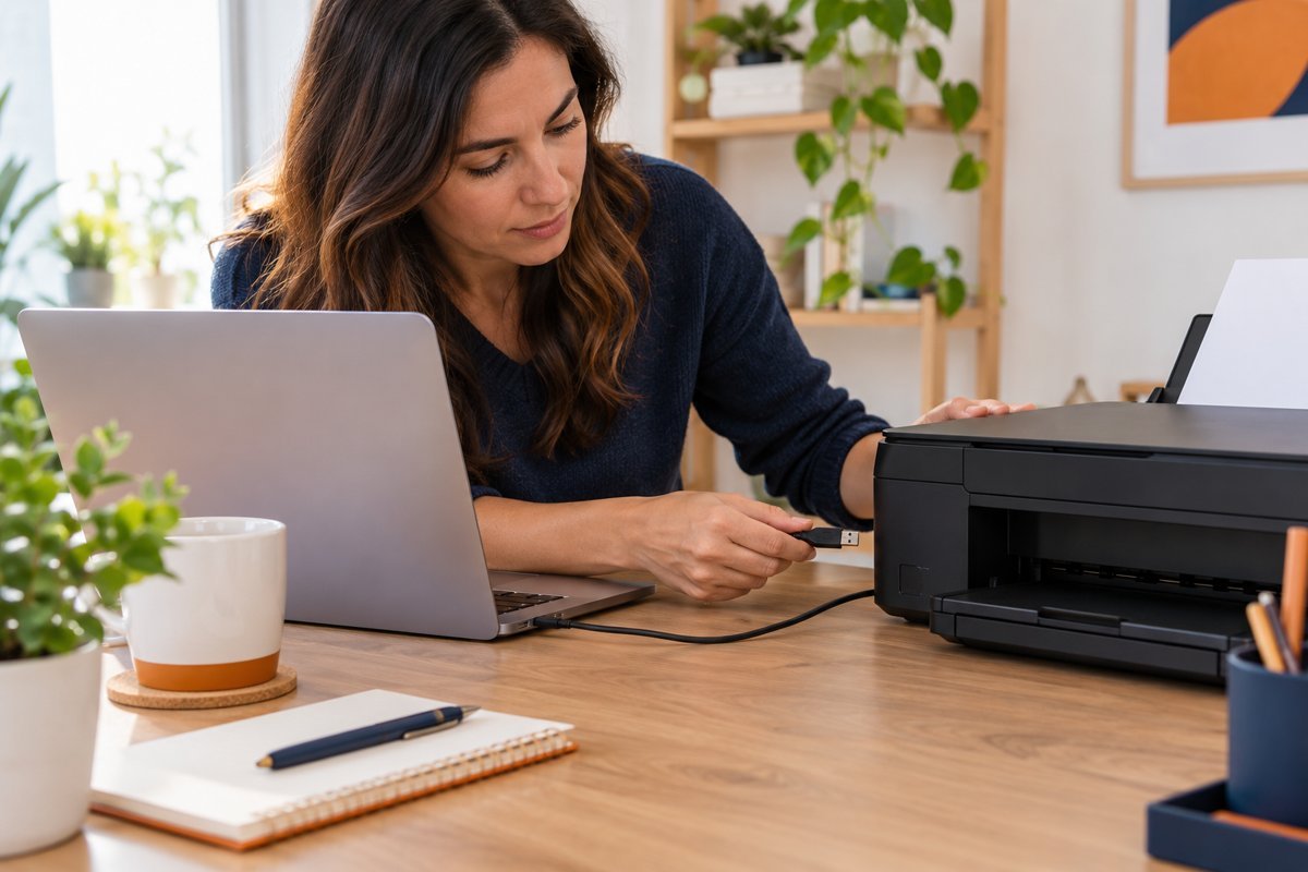 Impressora doméstica ao lado de notebook em uma mesa de trabalho