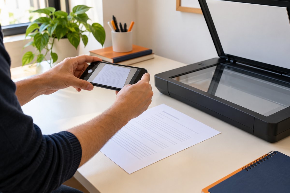 Celular posicionado sobre um documento ao lado de scanner de mesa
