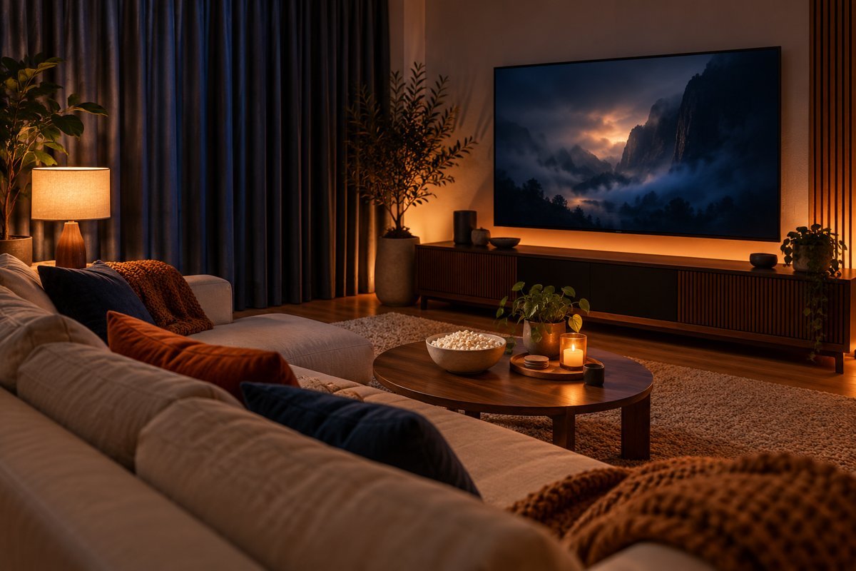 Sala com televisão, cortinas fechadas e iluminação suave para cinema