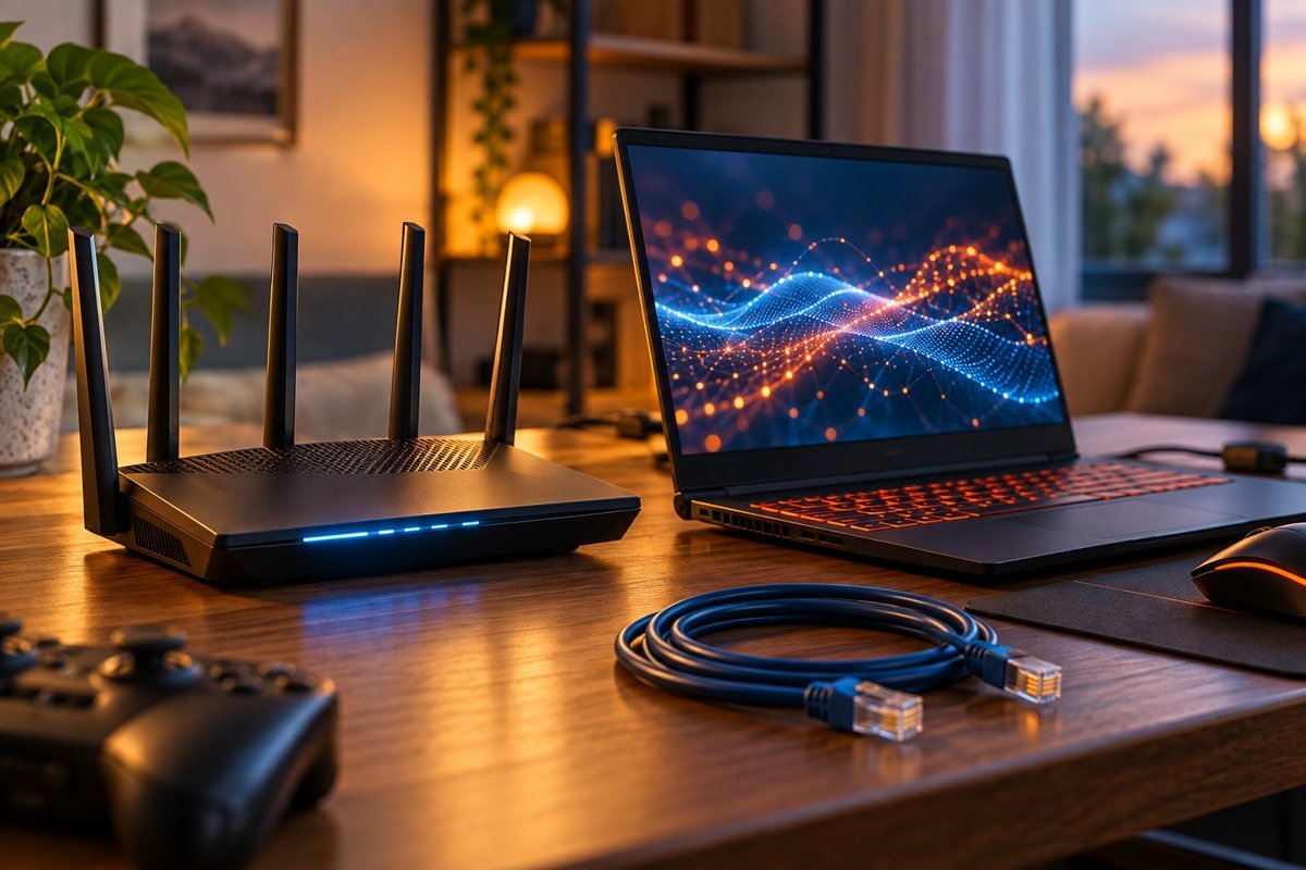 Roteador, notebook para jogos e cabo de rede em uma mesa