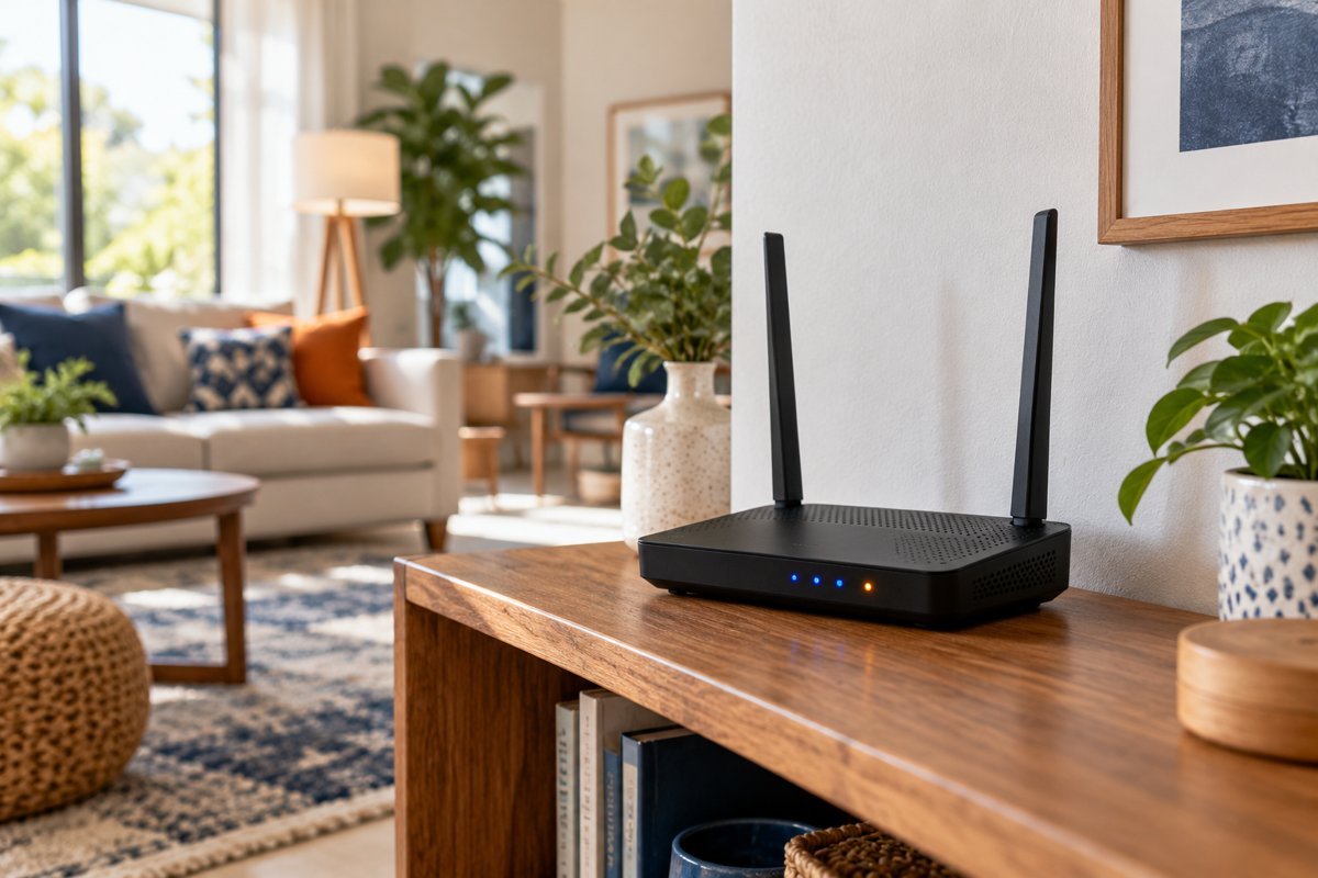 Roteador Wi-Fi sobre uma mesa em uma sala residencial