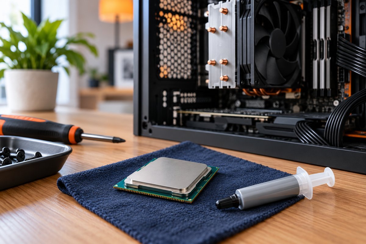 Processador e seringa de pasta térmica ao lado de computador desligado