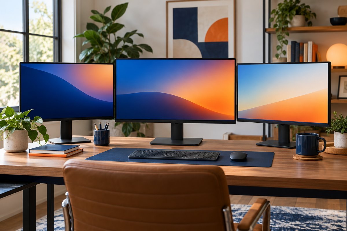 Três monitores exibindo gradientes de cores em uma mesa