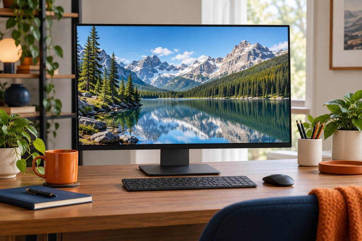 Monitor exibindo paisagem com detalhes em uma mesa de trabalho