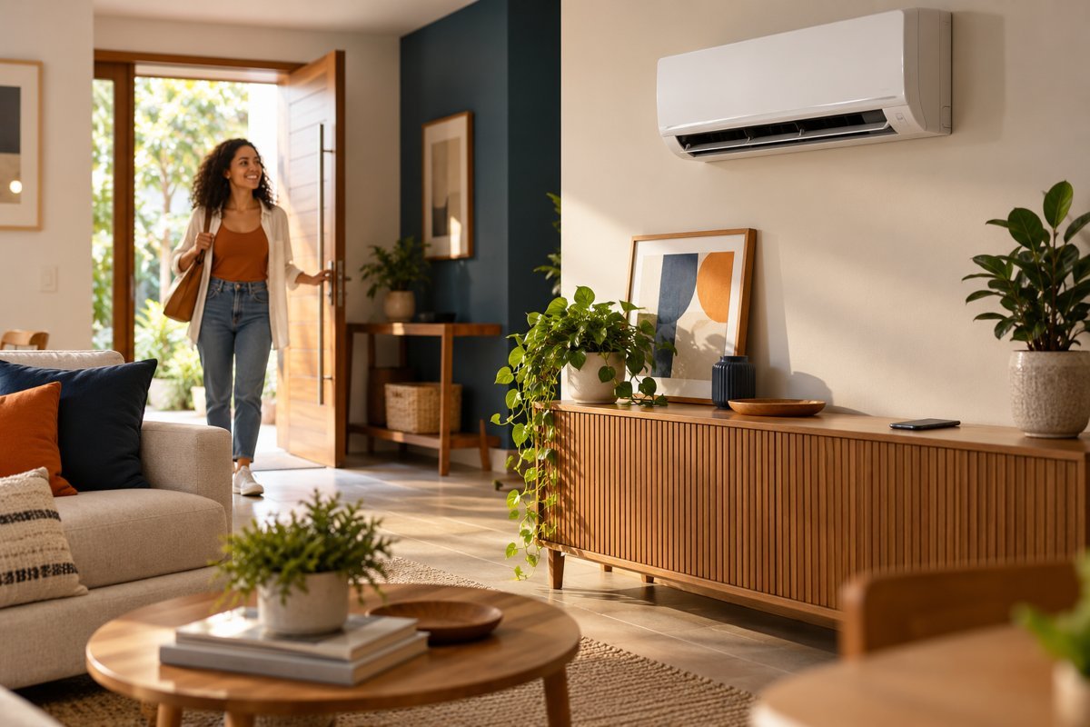 Sala com ar-condicionado e celular enquanto uma pessoa chega à casa
