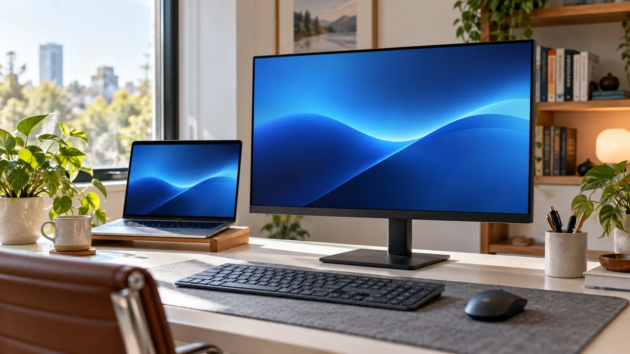 Monitor externo, notebook, teclado e mouse organizados em uma mesa de trabalho.