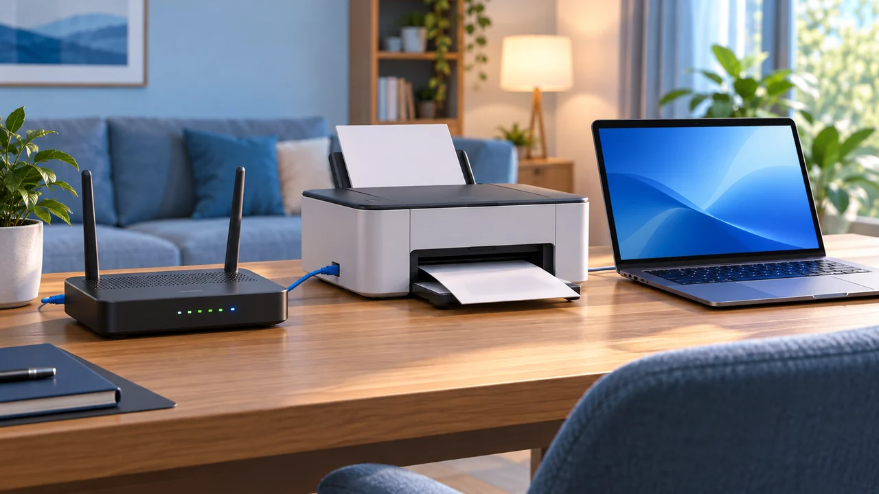 Roteador, impressora e notebook sobre uma mesa de trabalho em casa.