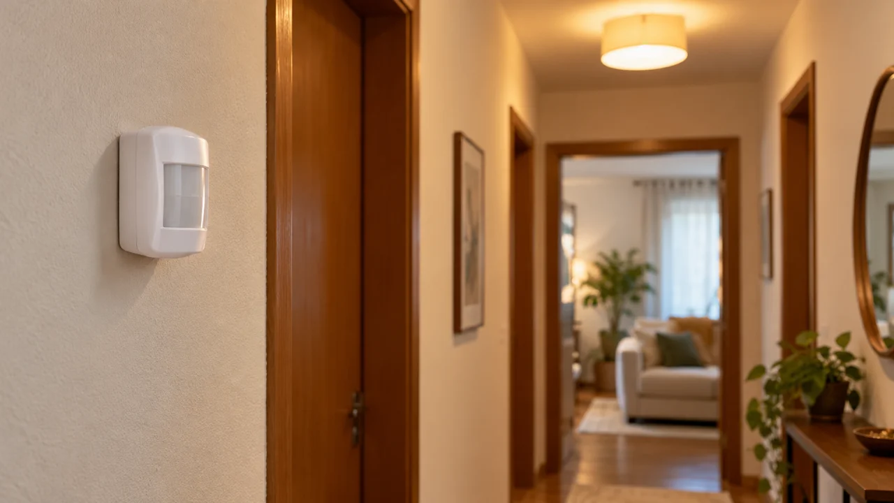 Sensor de movimento branco instalado na parede de um corredor iluminado.