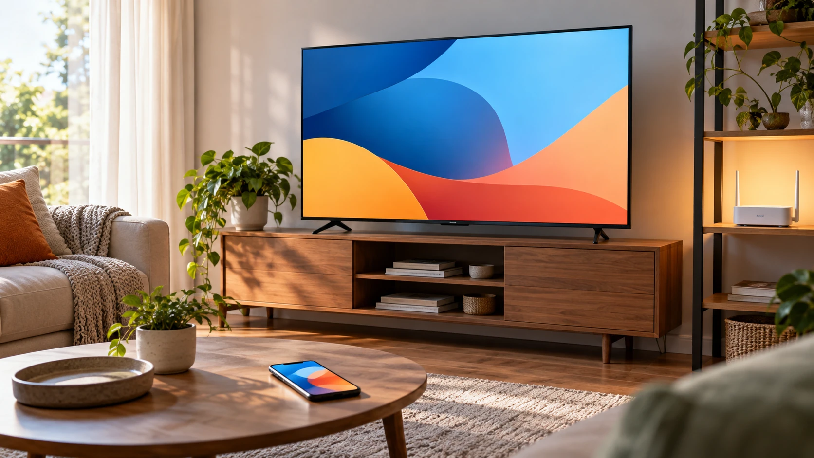 Televisão, celular e roteador Wi-Fi em uma sala de estar.