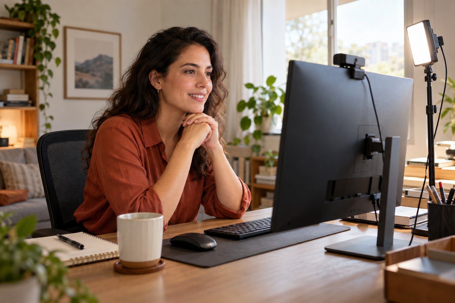 Mulher em uma mesa com webcam no monitor e luz de vídeo posicionada à frente