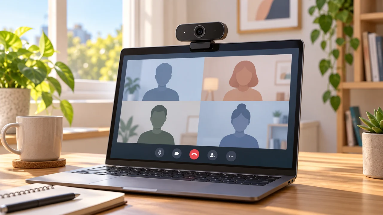 Webcam externa sobre um notebook com uma chamada de vídeo ilustrada na tela.