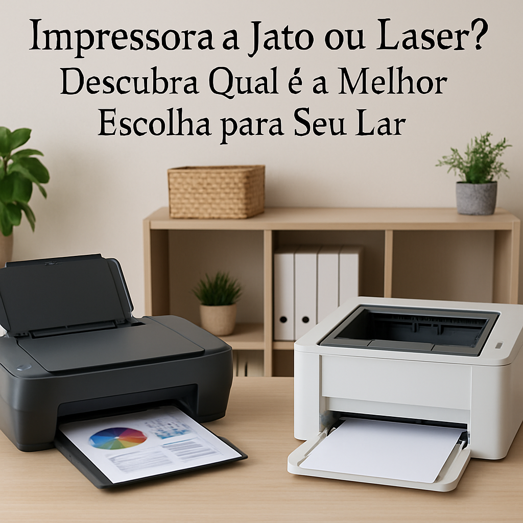 Ilustração comparativa de impressoras domésticas a jato de tinta e laser.