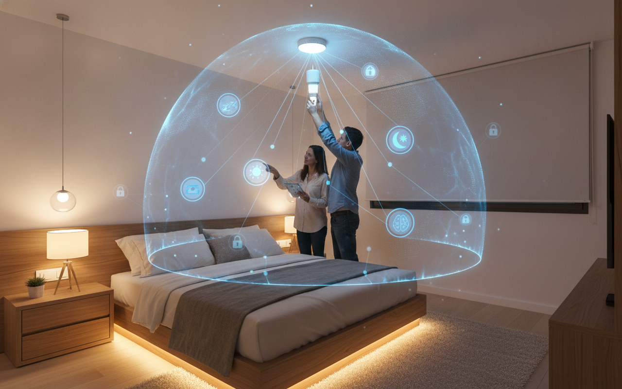 Ilustração de iluminação e dispositivos conectados em um ambiente interno.
