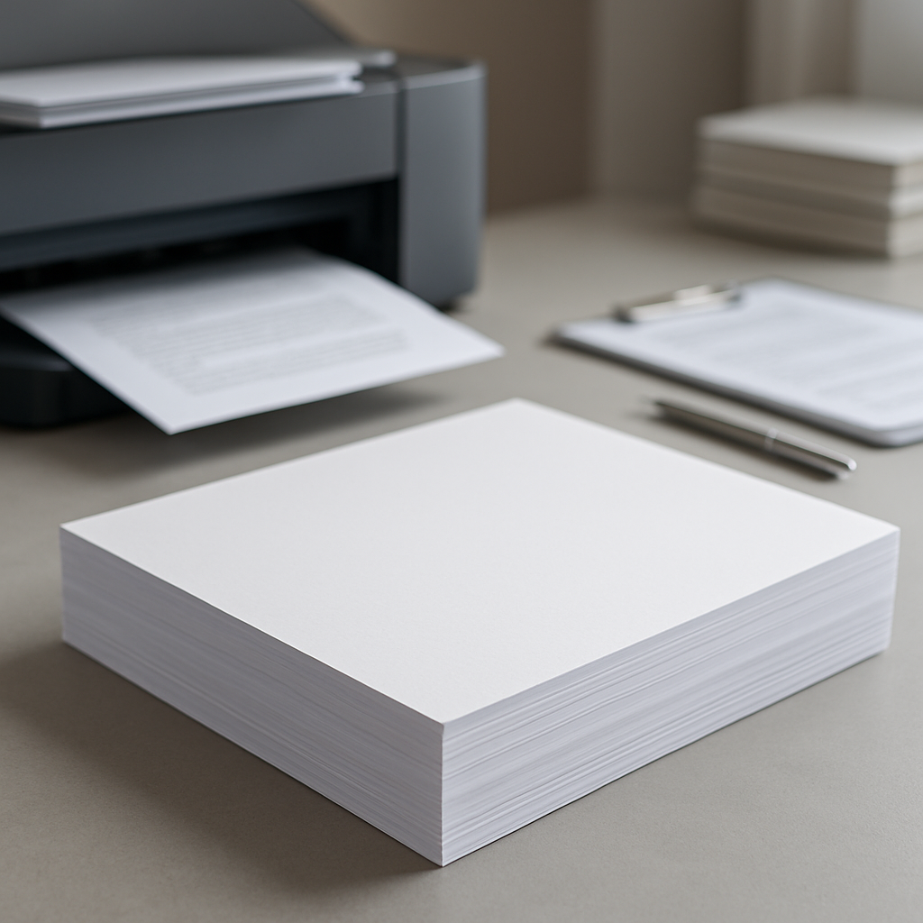 Impressora doméstica e pilha de folhas de papel sobre uma mesa.