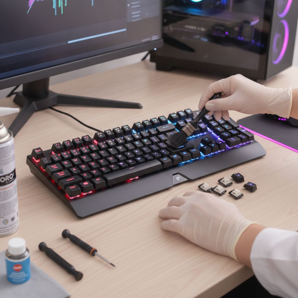 Teclado mecânico sobre uma mesa, com uma pessoa ao lado.