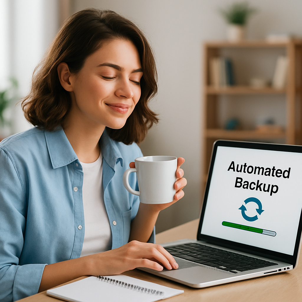 Mulher usando notebook, em ilustração sobre backup automático