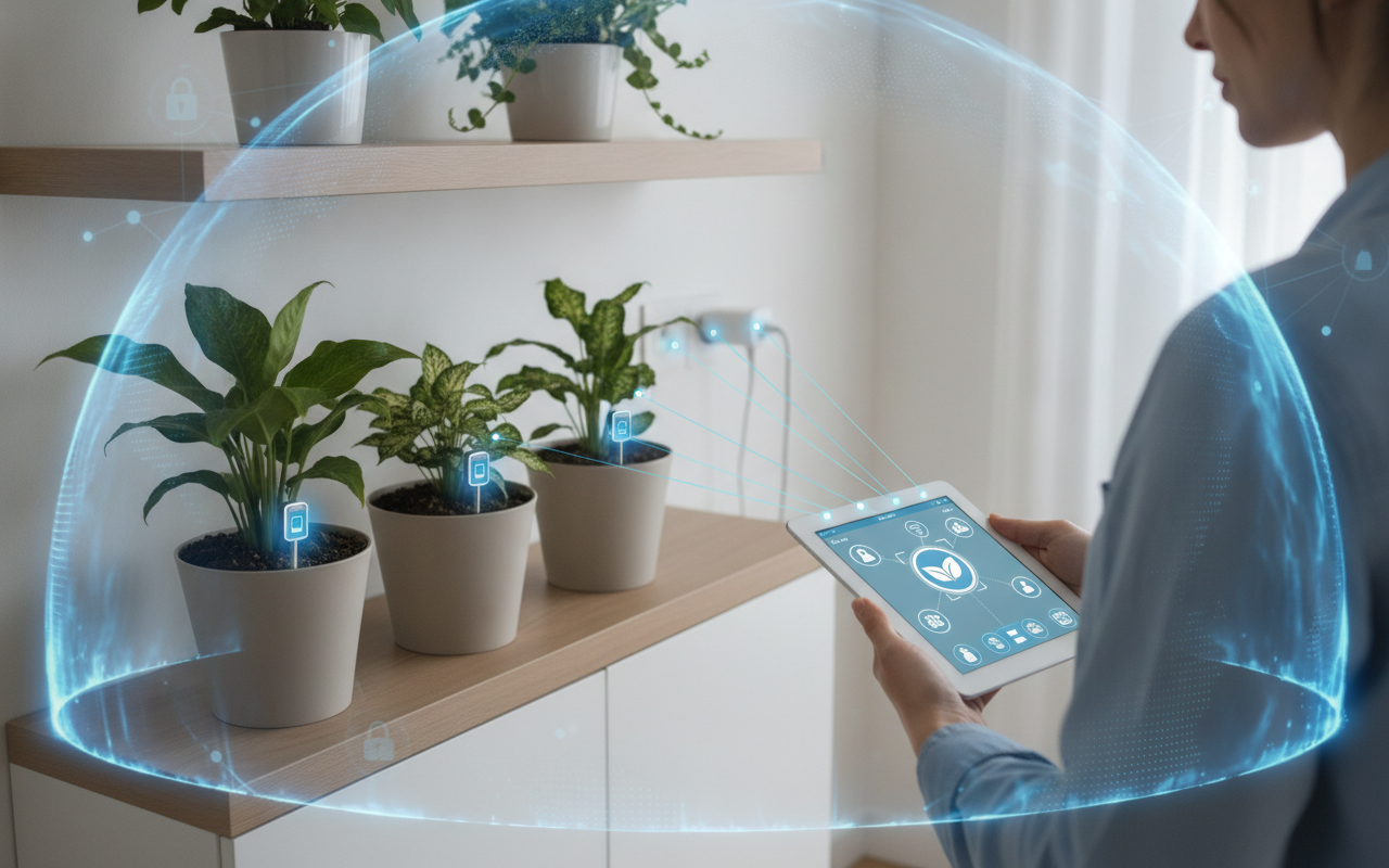 Vasos de plantas em ambiente interno com sistema ilustrativo de irrigação