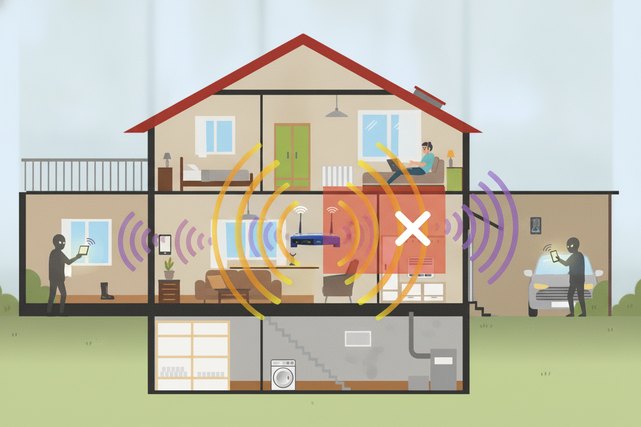 Ilustração de casa com dispositivos e sinais de rede Wi-Fi