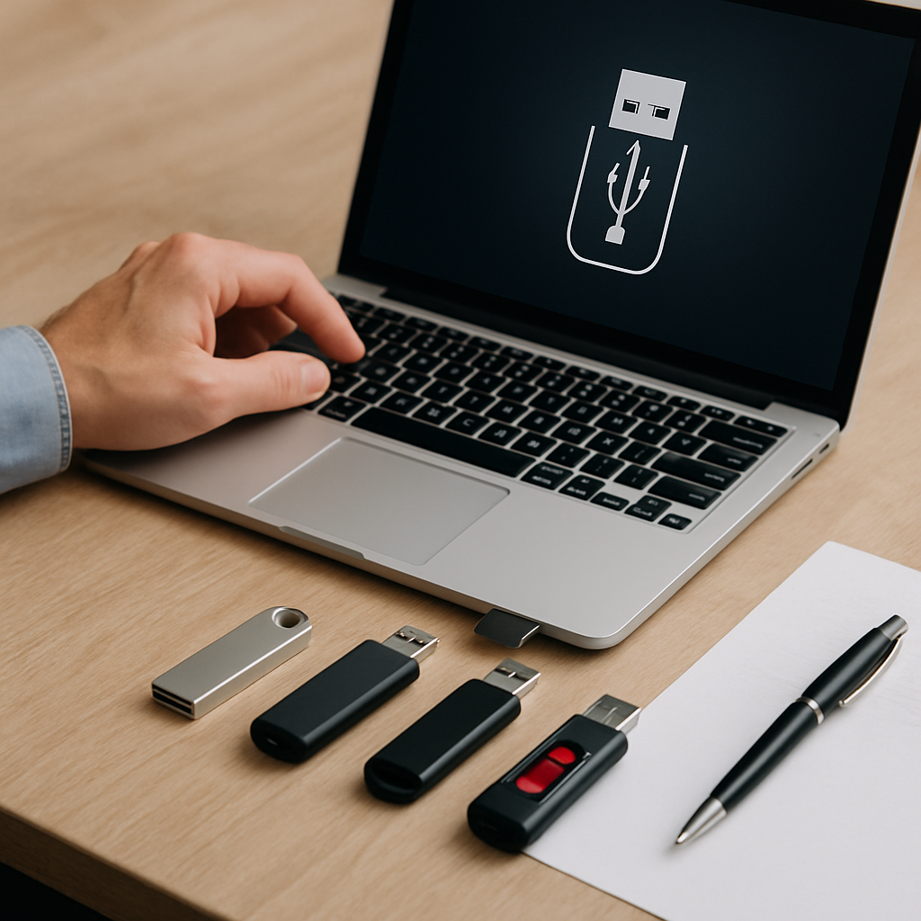 Mão segurando pendrive USB ao lado de um notebook