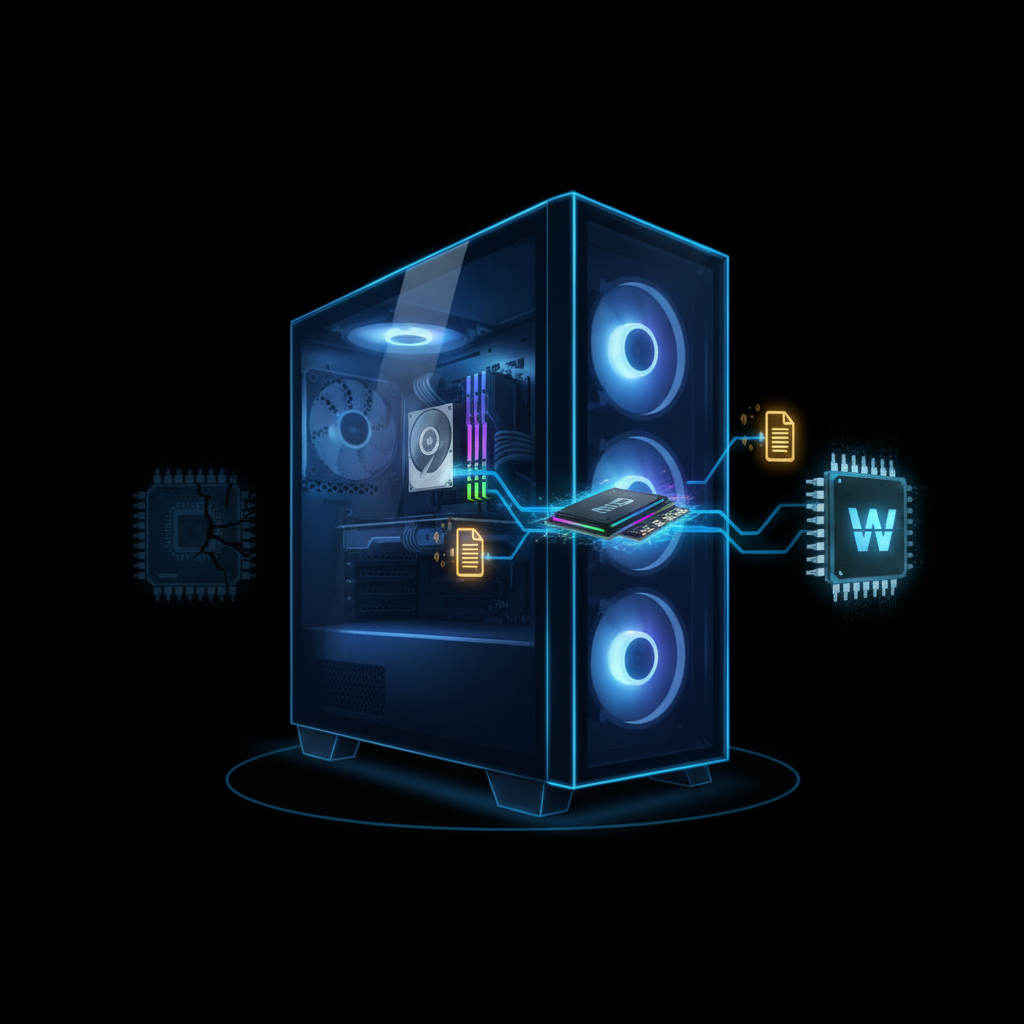 Ilustração de computador de mesa e componentes de armazenamento