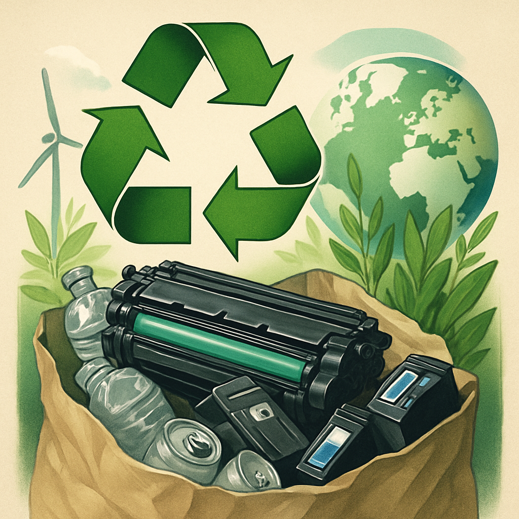 Ilustração com símbolo de reciclagem, folhas e planeta Terra