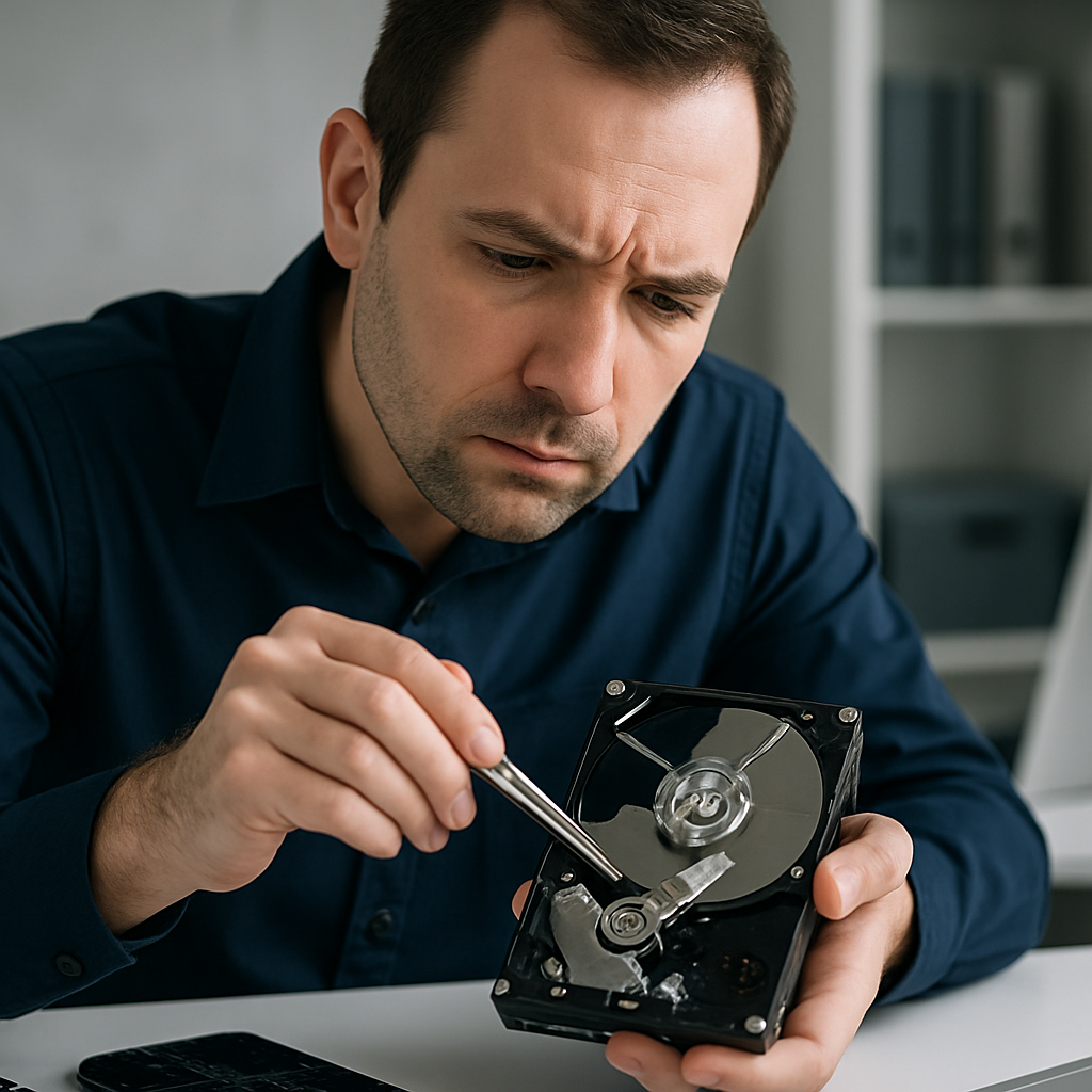Homem olhando para um notebook, em imagem ilustrativa sobre arquivos perdidos