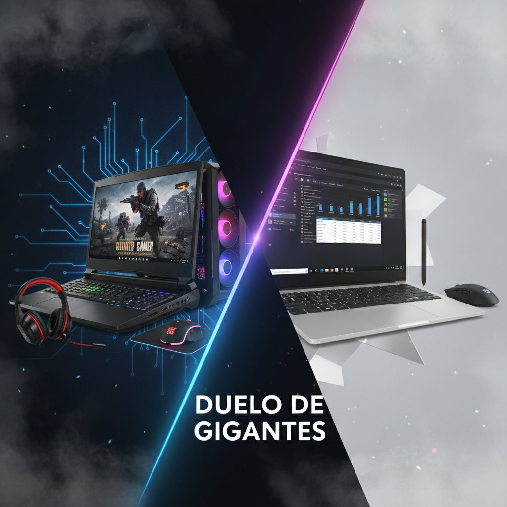Ilustração comparando um notebook para jogos e um notebook fino sobre uma mesa